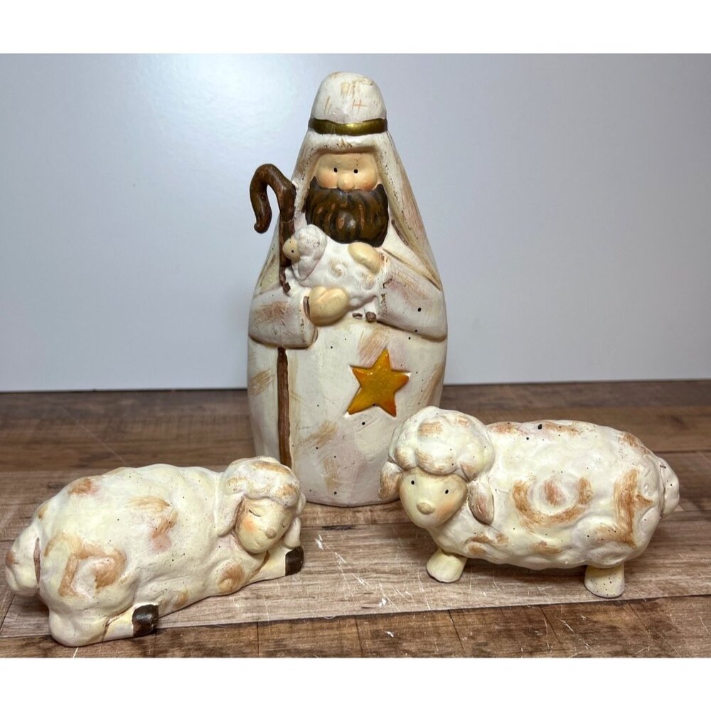 Hand-Painted Ceramic Nativity Set With Shepherd & Two Sheep Figurines Christmas